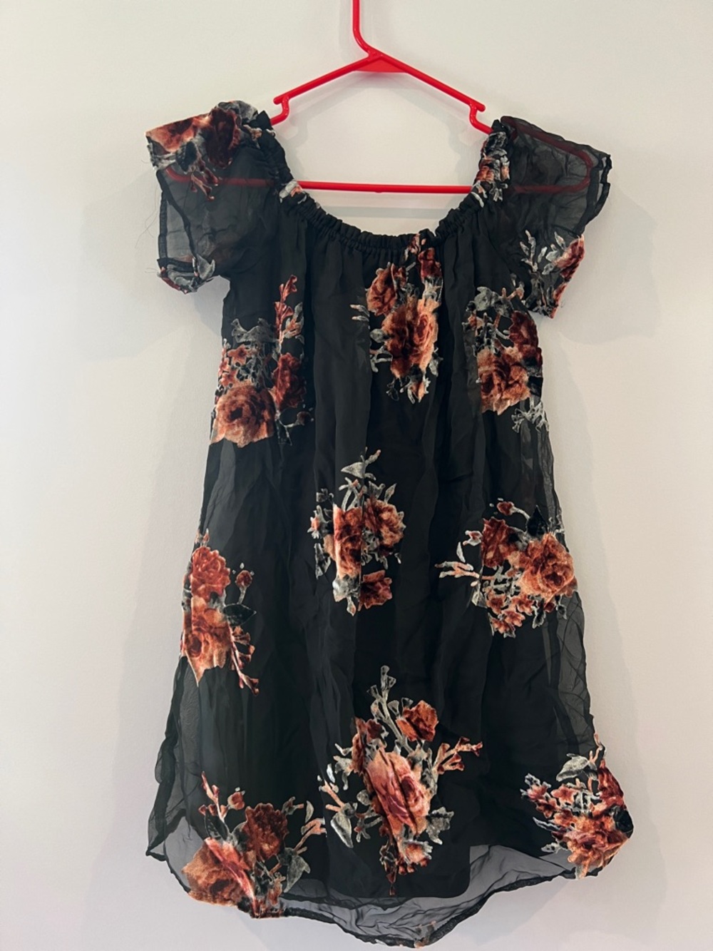 Xhilaration Black Off-Shoulder Dress with Rust Floral Print
